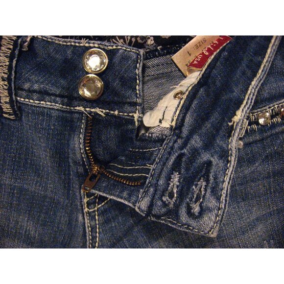 LA Idol USA Womens Jeans Blue Low-Rise Distress 1 Bootcut Flare Rhinestone - Picture 6 of 11